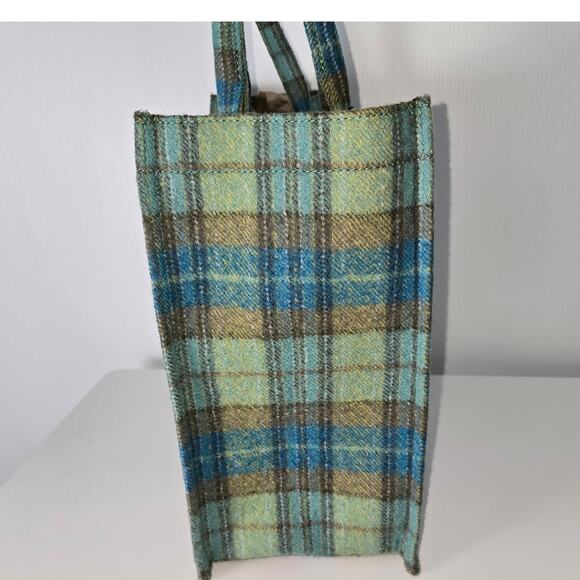 Sandro Paris Wool Tartan Plaid Large Tote Blue Green Snap Top Handle Bag NWT - Picture 10 of 13